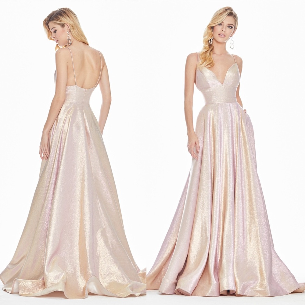 Ashley Lauren 1513 Long Metallic Brocade A-Line V-Neck Dress with Pockets